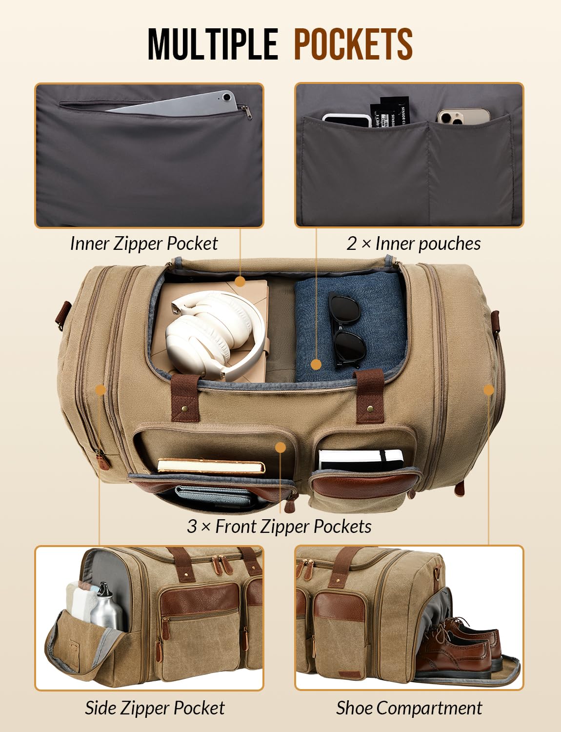 Canvas Duffle Bag for Travel 65L Expandable, Brown