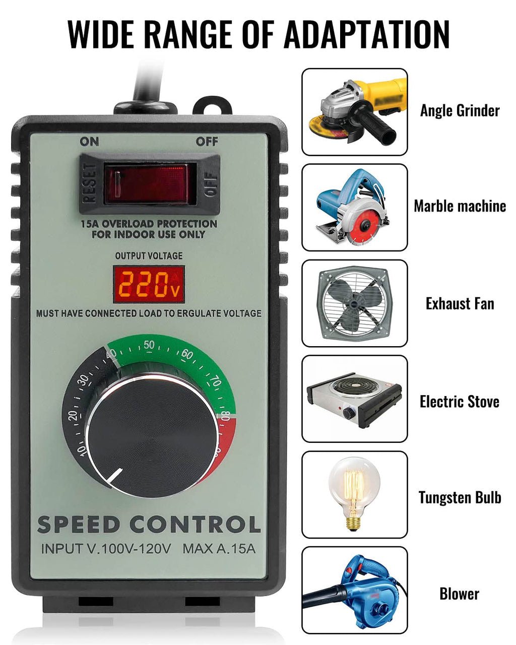 AC Motor Speed Controller 120V Variable Voltage Regulator with LED Display