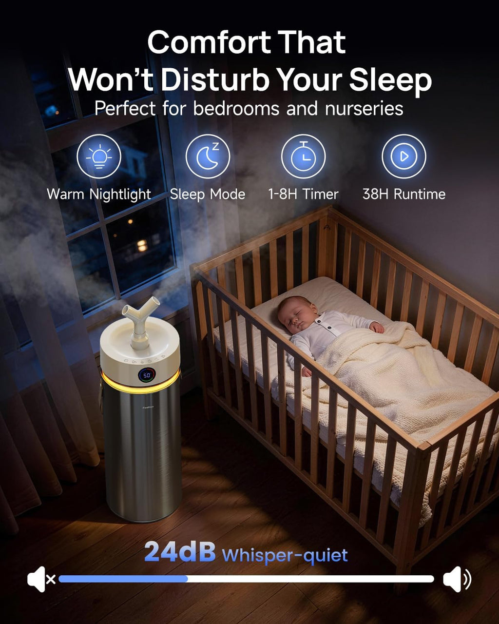 Stainless Steel Humidifier, 8L/2.1Gal Cool Mist Humidifiers for Bedroom, Easy to Clean Humidifier Large Room with