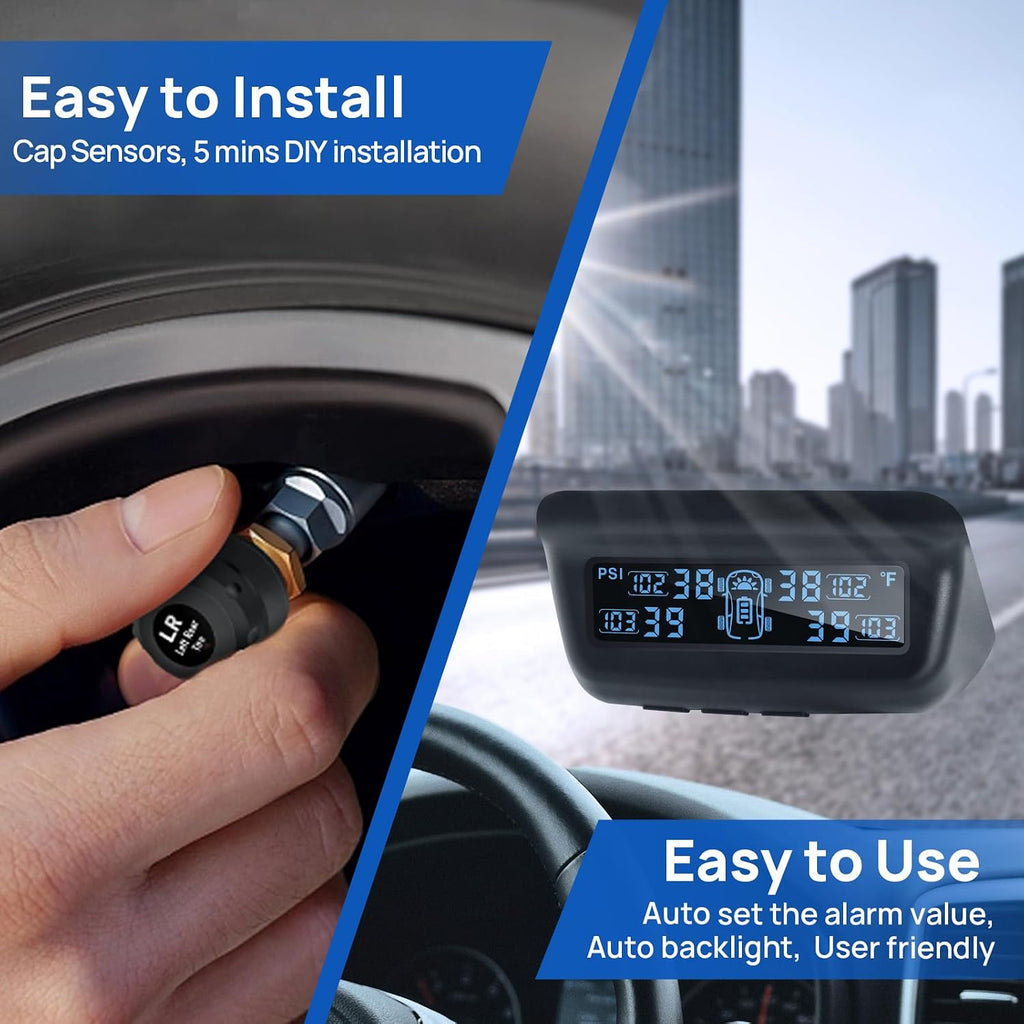 M13 Tire Pressure Monitoring System, RV/Trailer TPMS with 4 Sensors | Solar Charging, Auto Calibration, LCD Display