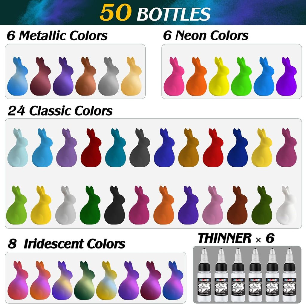Airbrush Paint, 44 Colors with 6 Thinners, 20 ml/Bottle | Acrylic Air Brush Painting Set, Ready to Spray Water-Based