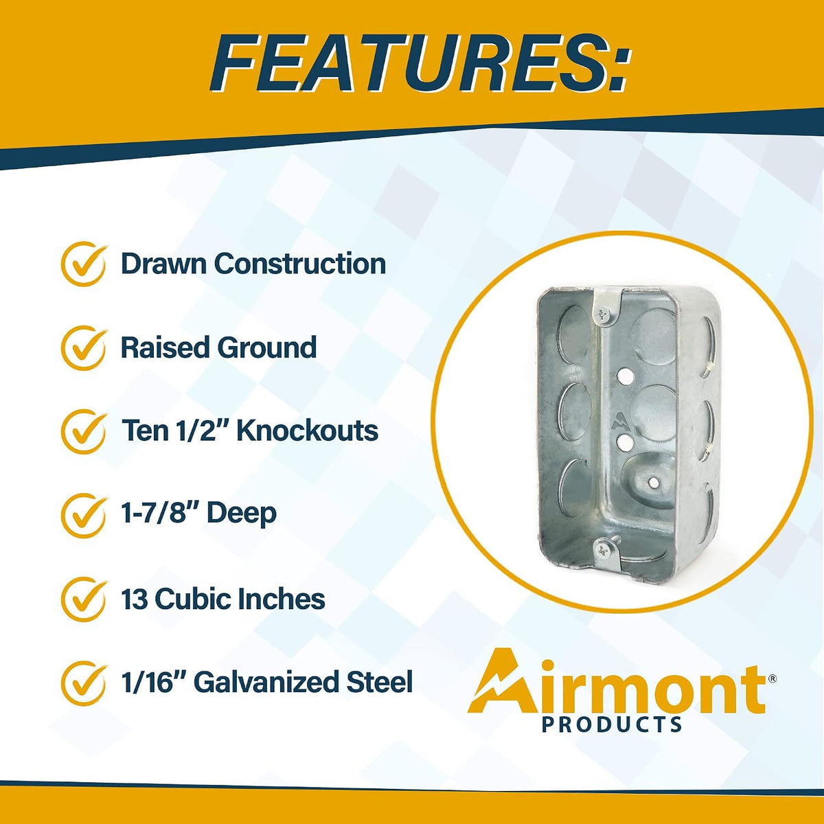 4" x 2" Steel Utility Box Kit, 1/2" Knockout Cover, 13 Cu. in., 1-7/8" Deep