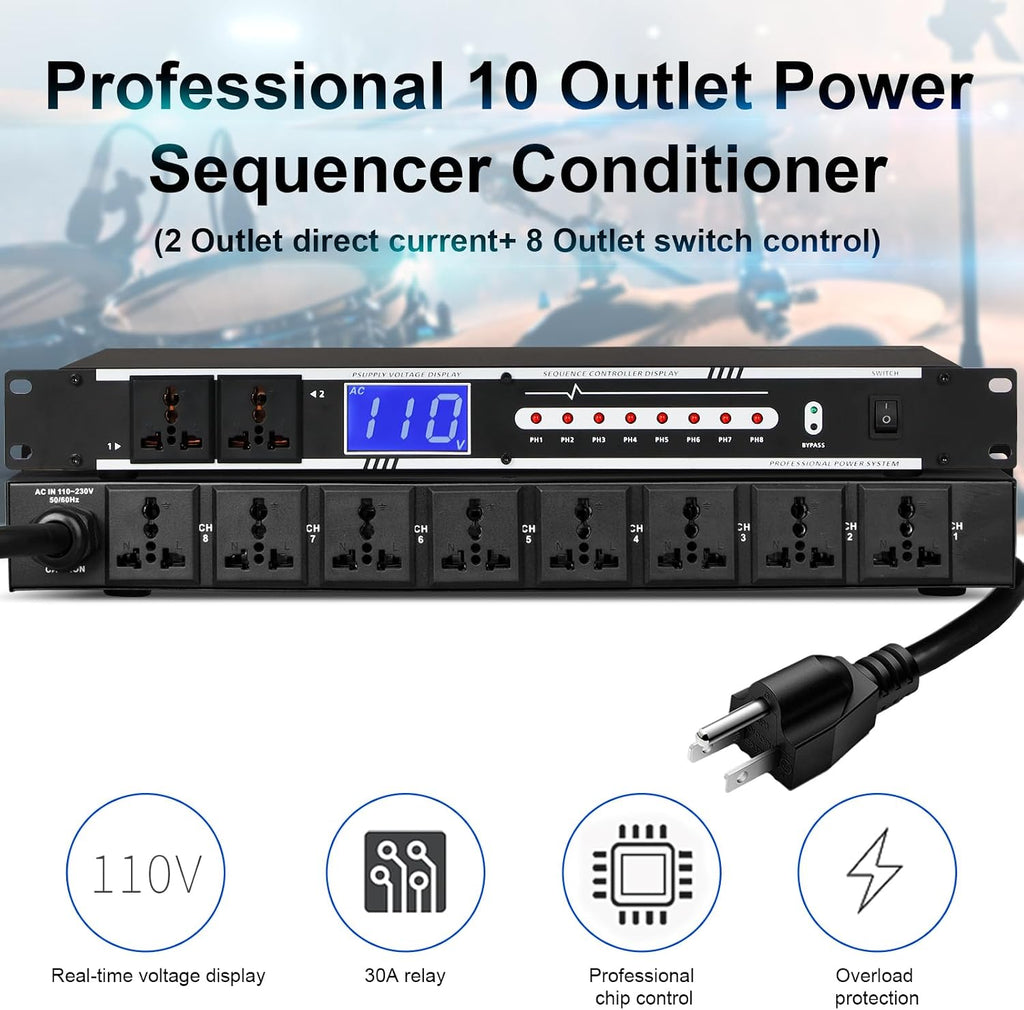 10 Outlet Power Conditioner 10 Amp 2000w Audio Digital Power Sequencer Rack Mount With Precise Real-Time Voltage