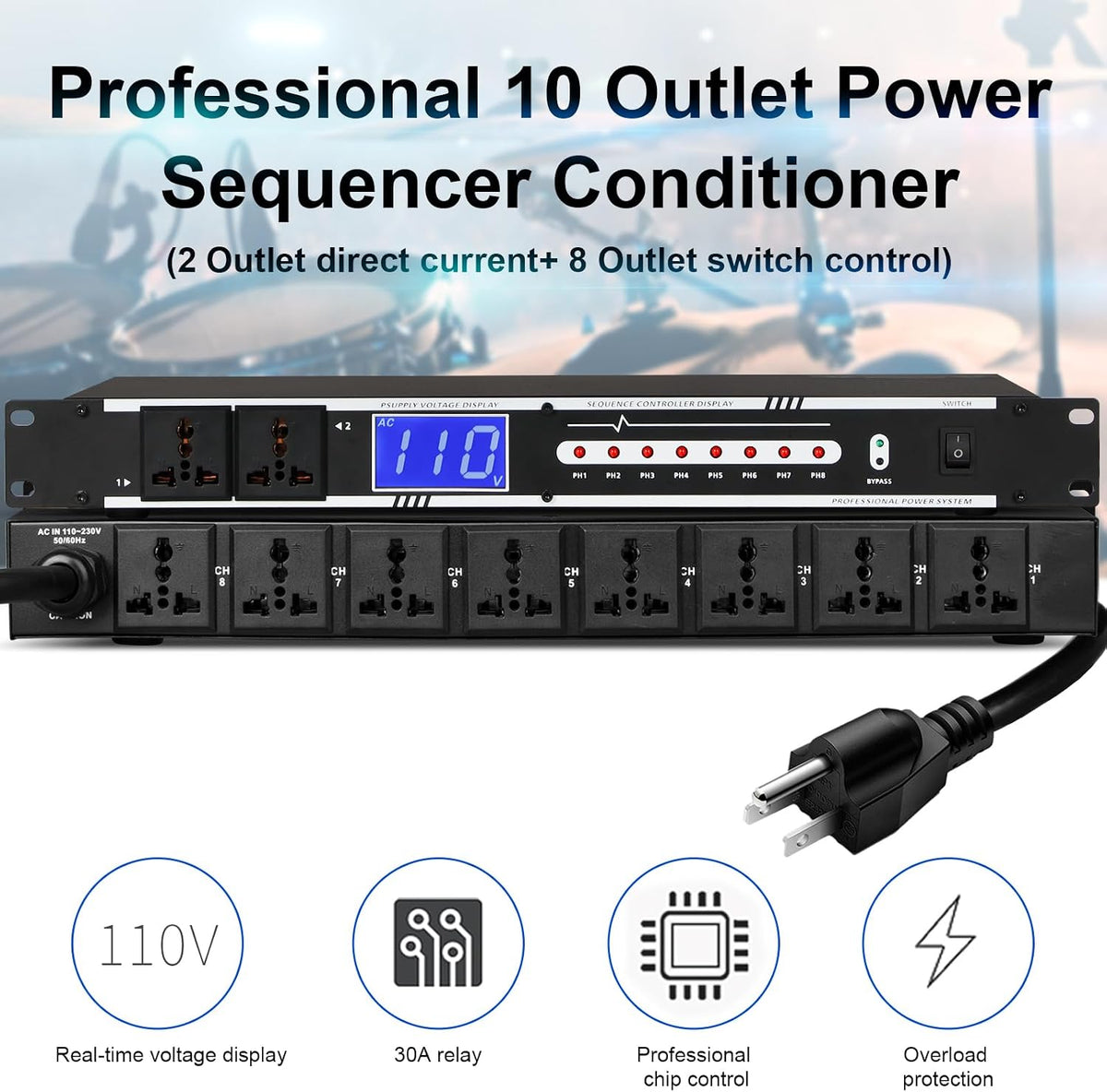 10 Outlet Power Conditioner 10 Amp 2000w Audio Digital Power Sequencer Rack Mount With Precise Real-Time Voltage