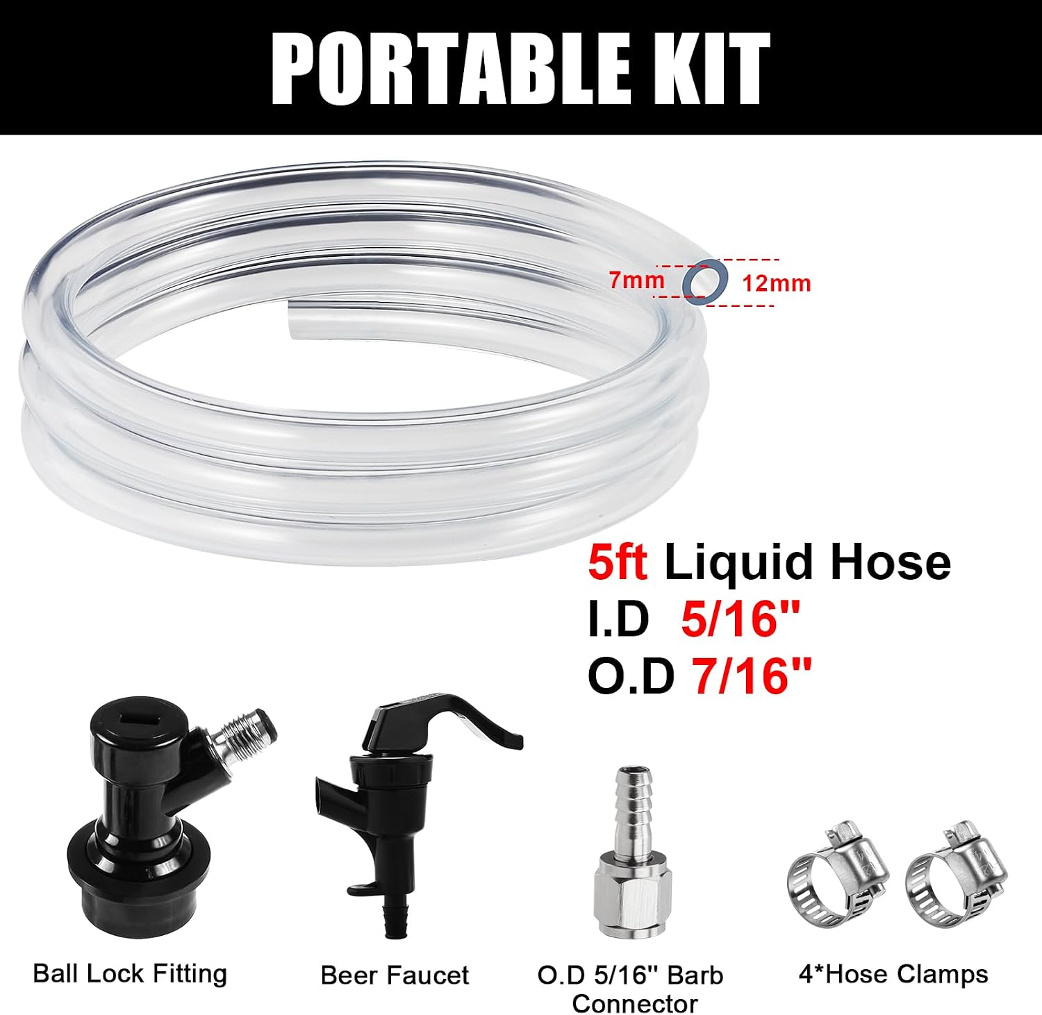 5 FT Ball Lock Beer Line Assembly Kit 3/16" Beer Hose & Picnic Tap | Faucet PVC Brewing Tubing Ball Lock Quick
