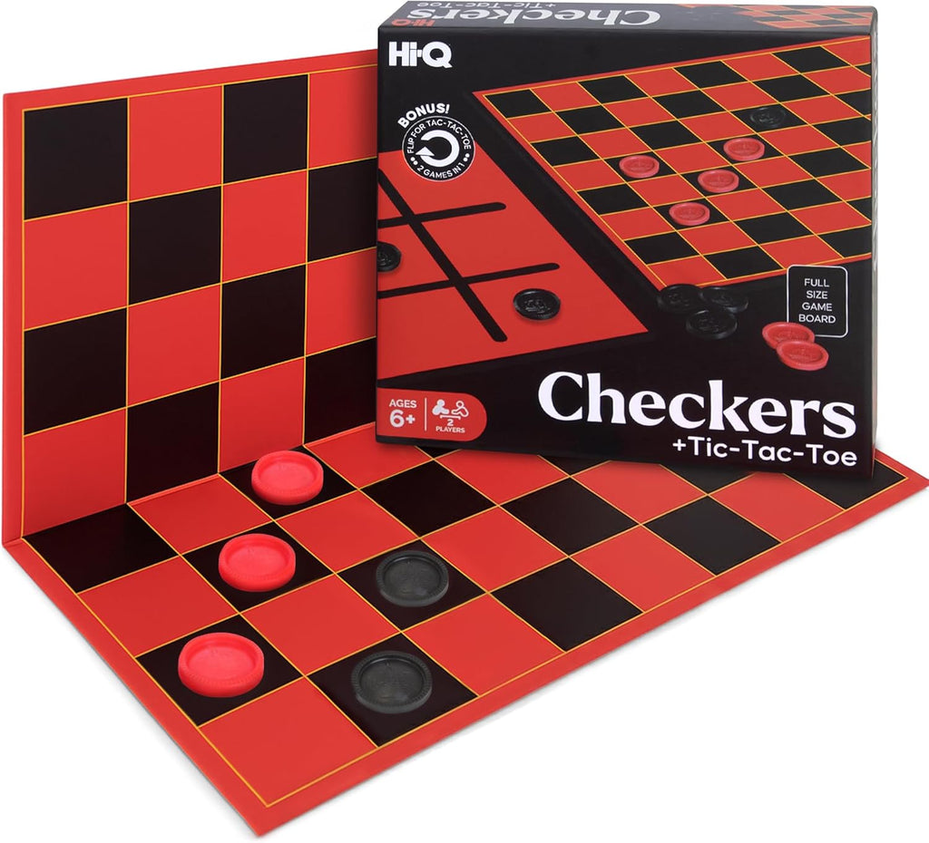 HI-Q Checkers & Tic-Tac-Toe Board Game Set – Classic Strategy for Kids & Family – Features Interlocking Stacking