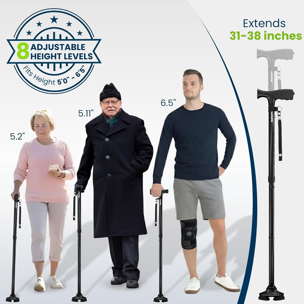 Walking Cane for Men & Women – Foldable, Adjustable, Self-Standing Cane with 360° Pivot Base, Comfortable Grip, Heavy