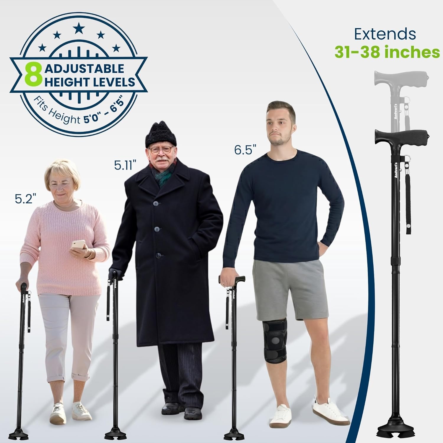 Walking Cane for Men & Women – Foldable, Adjustable, Self-Standing Cane with 360° Pivot Base, Comfortable Grip, Heavy