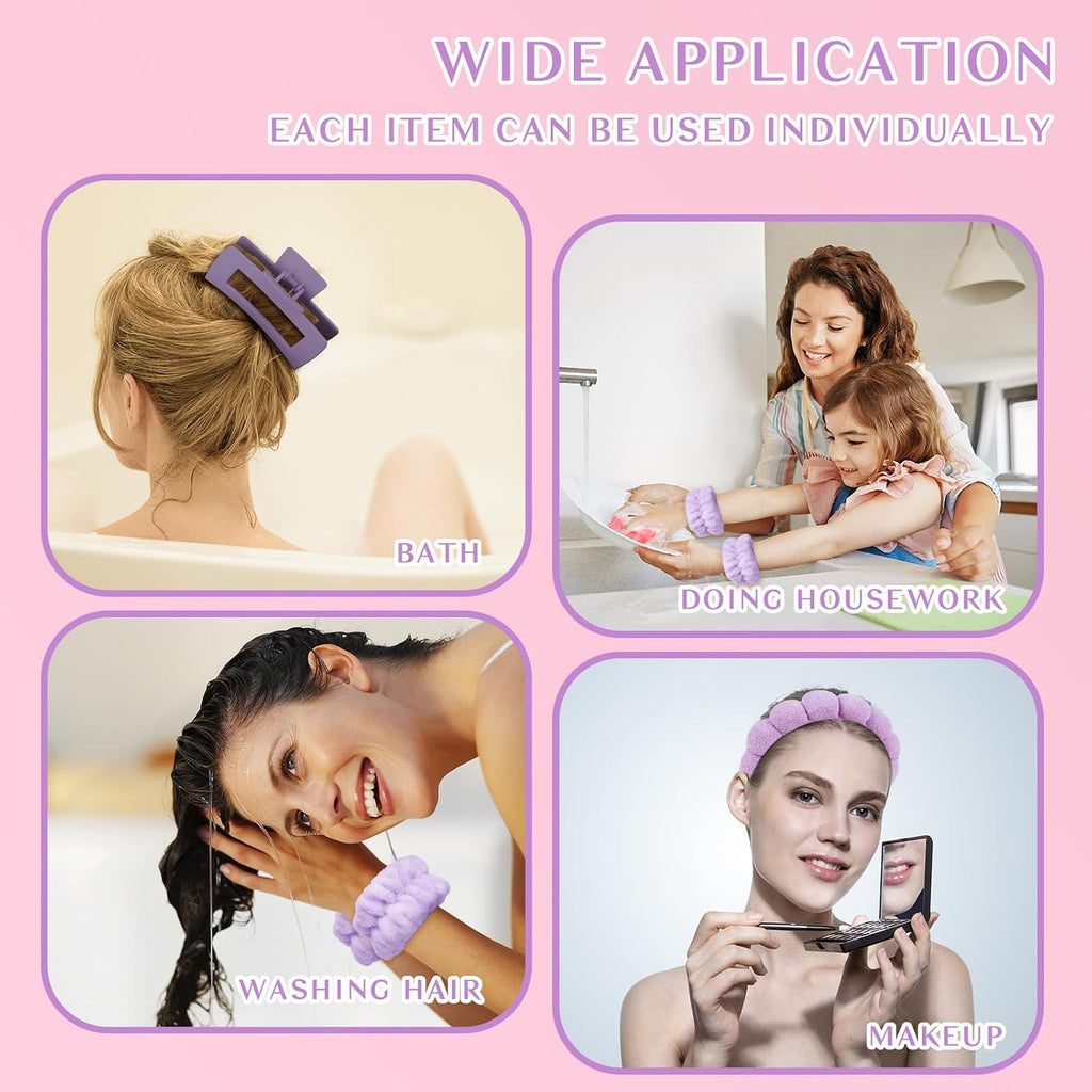 Spa Headband And Wristband Set Skincare Headband For Washing Face Hair Claw Clips For Thick Hair Cute Purple Puffy