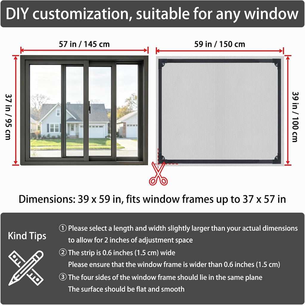 Magnetic Window Screen - DIY Adjustable Mesh, 39"x59", Bug-Proof & Airy
