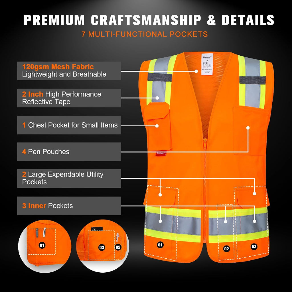 High Visibility ANSI Class 2 Safety Vest with 7 Pockets | Reflective Mesh Safety Vest for Men & Women, Lightweight