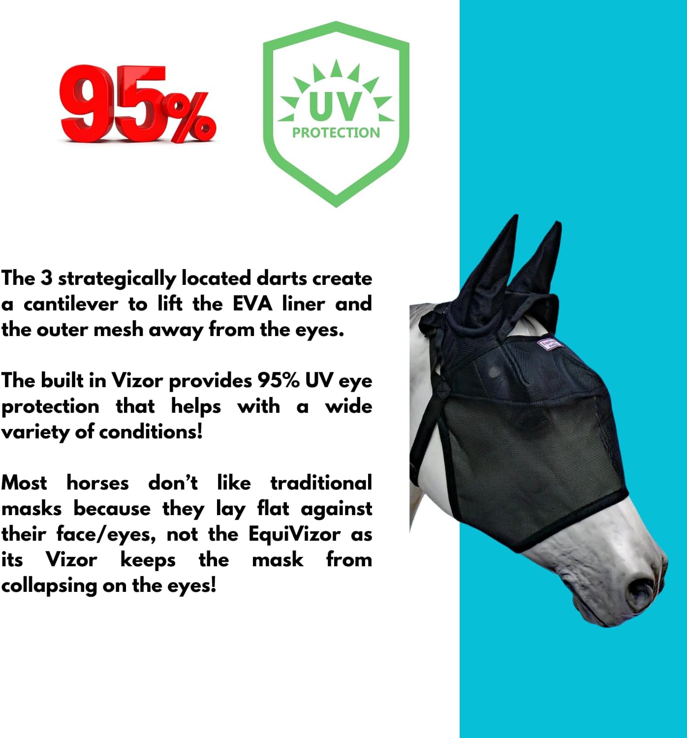 EquiVizor 95% UV Eye Protection (XL) Horse Fly Mask with Ears. Designed to Stay On Your Horse, Off The Ground