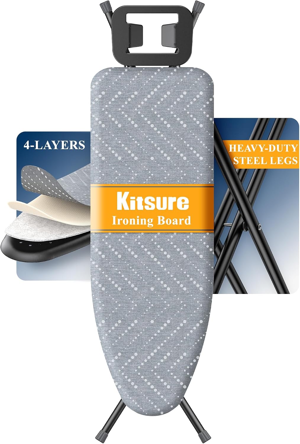 Folding Ironing Board - Height Adjustable Iron Board in Full Size, Wobble-Free & Heavy-Duty Ironing Board with Cover