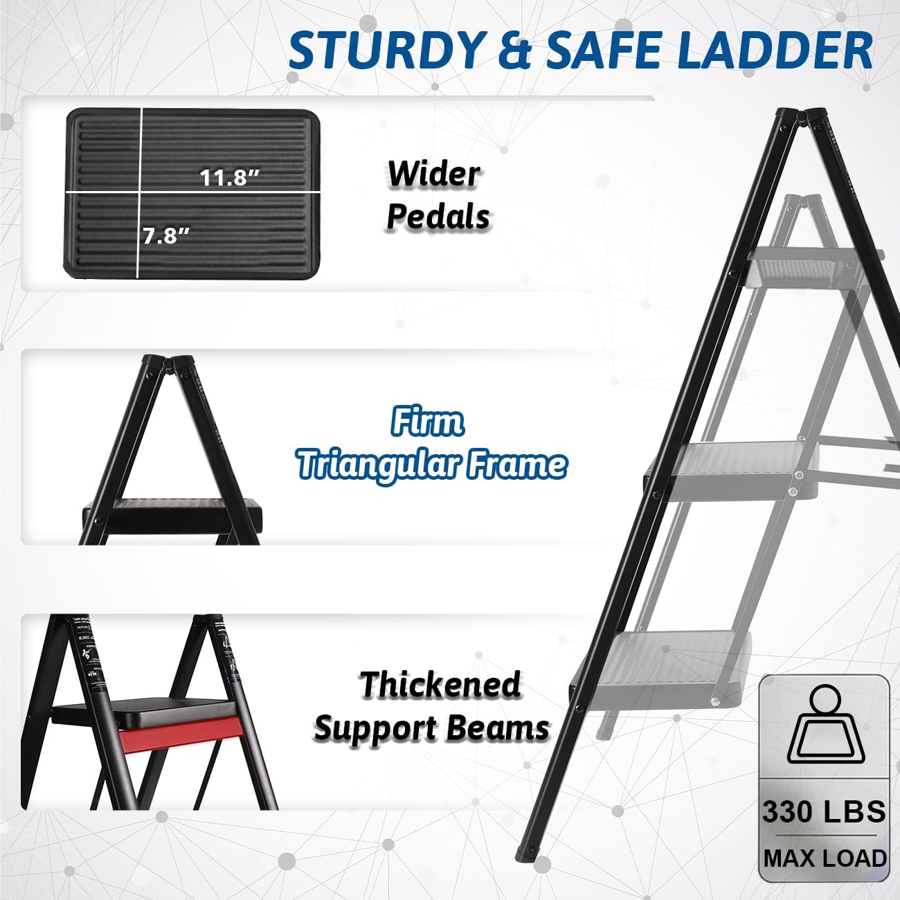 Folding 3 Step Ladder, Sturdy 330 Lbs Load Small Step Stool for Adults, Safer Full Steel Multi-use Kitchen Ladder for
