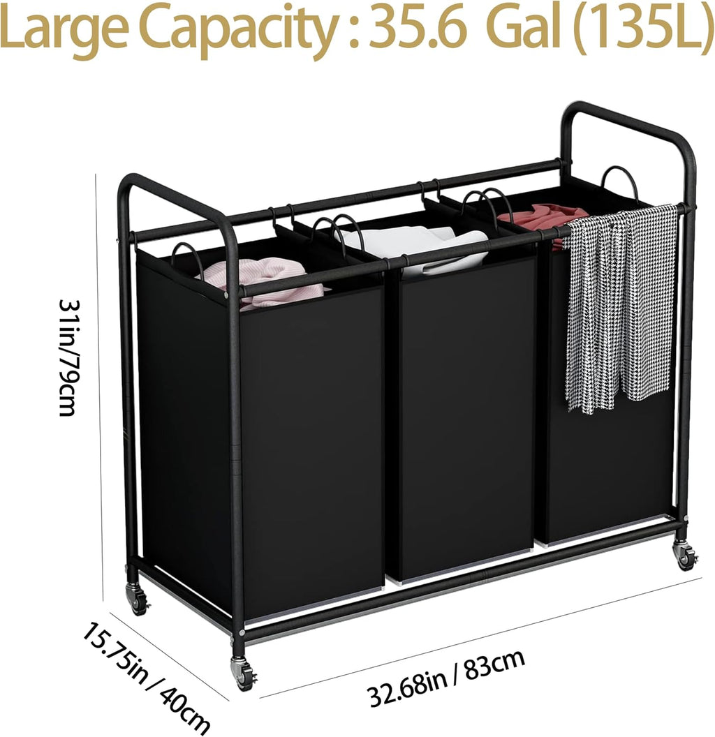 3 Section Laundry Hamper, Black Laundry Basket 135L Laundry Sorter | Laundry Room Organization with Heavy Duty