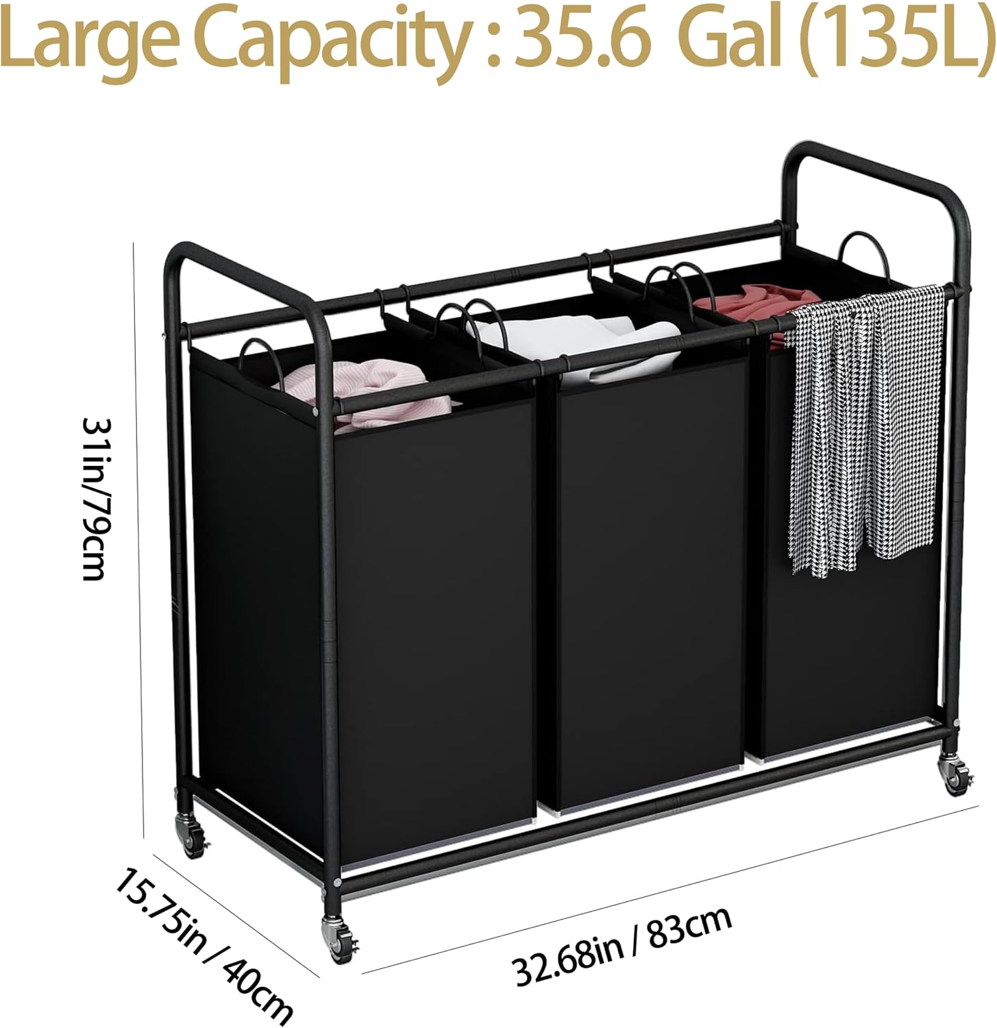 3 Section Laundry Hamper, Black Laundry Basket 135L Laundry Sorter | Laundry Room Organization with Heavy Duty