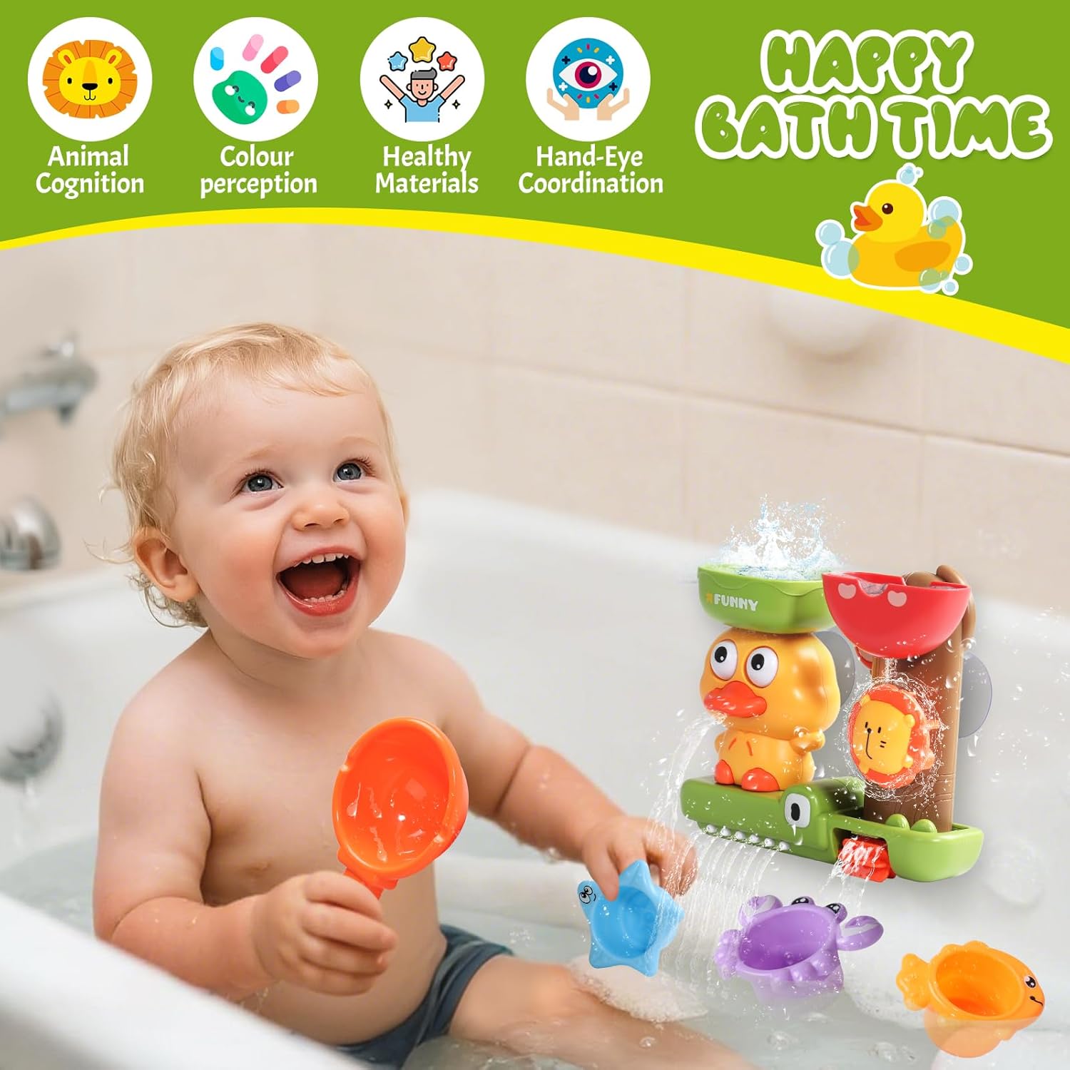 Toddler Bath Toys for Kids Ages 1-3 Waterfall Bathtub Toys for Toddlers 2-4 | with 3 Stacking Cups No Mold Baby Bath