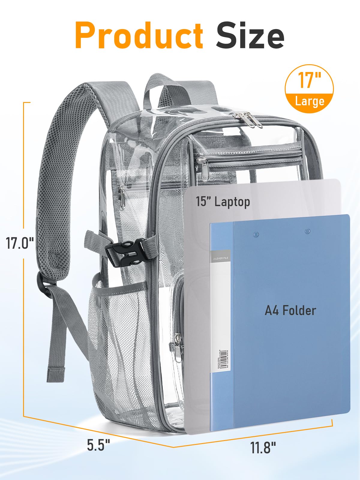 Clear Backpack for School, 17" Large Clear Bookbag with Reflective