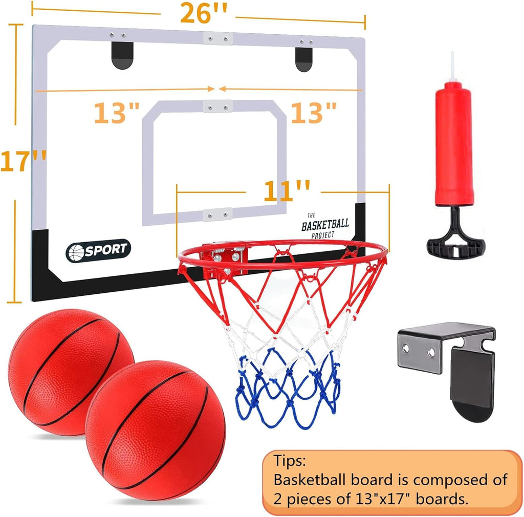 Upgrade Basketball Hoop Set - Extra Large 26" x 17" Pro Indoor | Indoor Basketball Hoop for Door&Wall with 2