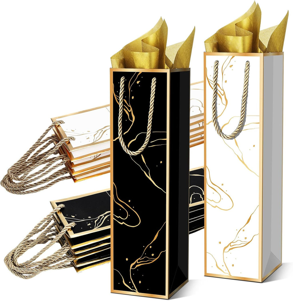20 Pack Wine Gift Bags with Handles & Tissue Paper black white