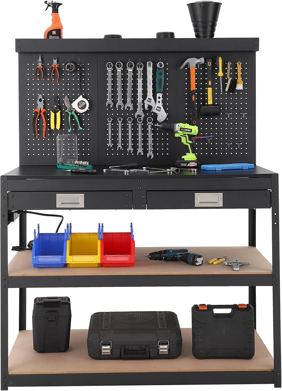 48" Heavy Duty Steel Garage Workbench with Pegboard & Storage, 2 Storage Shelves & 2 Drawers, 1000 LBS Load Capacity