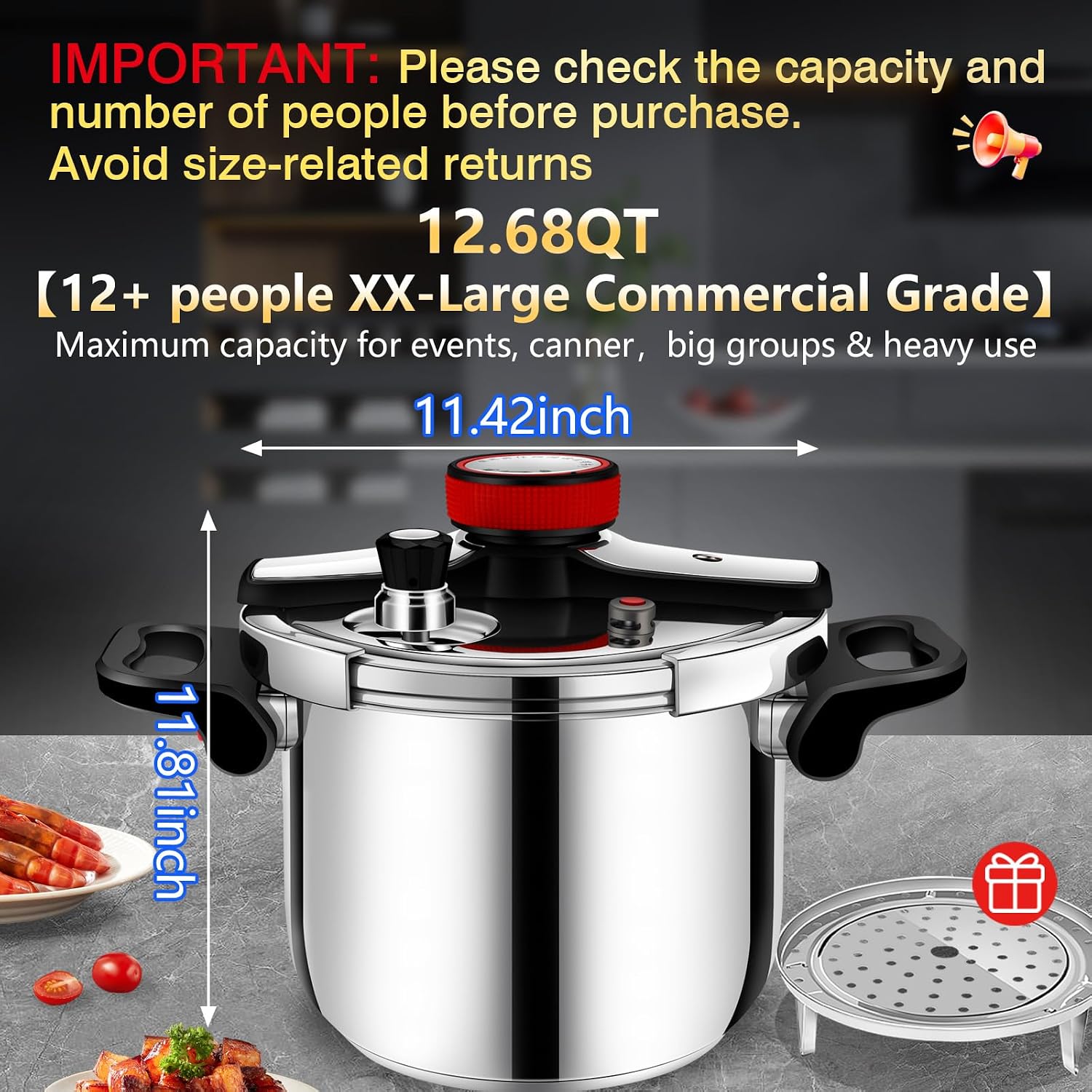 12.68qt Commercial Grade Stainless Steel Pressure Canner Pot, All-Round Multi Safety Protection Design, Extra Large