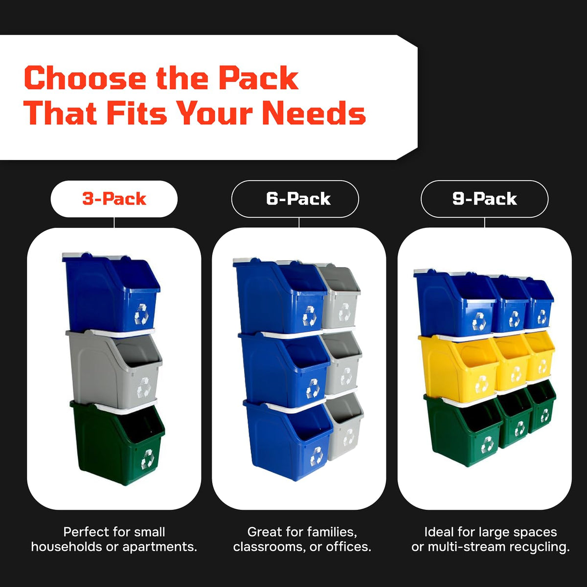 Three Stackable Recycling Bin System 18 Gallon Total | Small 6 Gallons Each