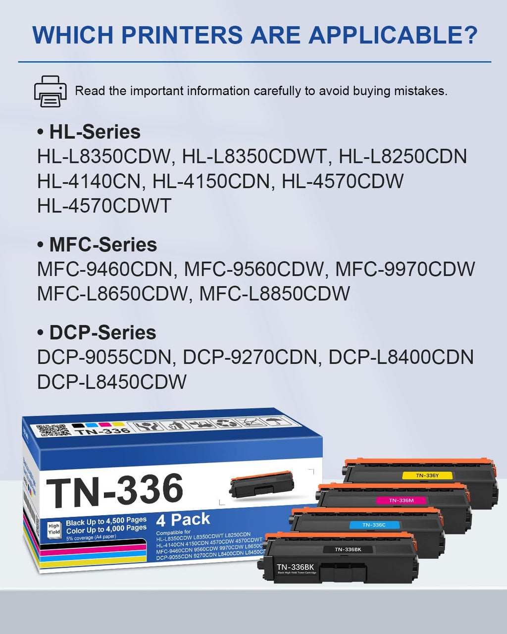TN336 High Yield Toner Cartridges Set 4-Pack Compatible for Brother TN336