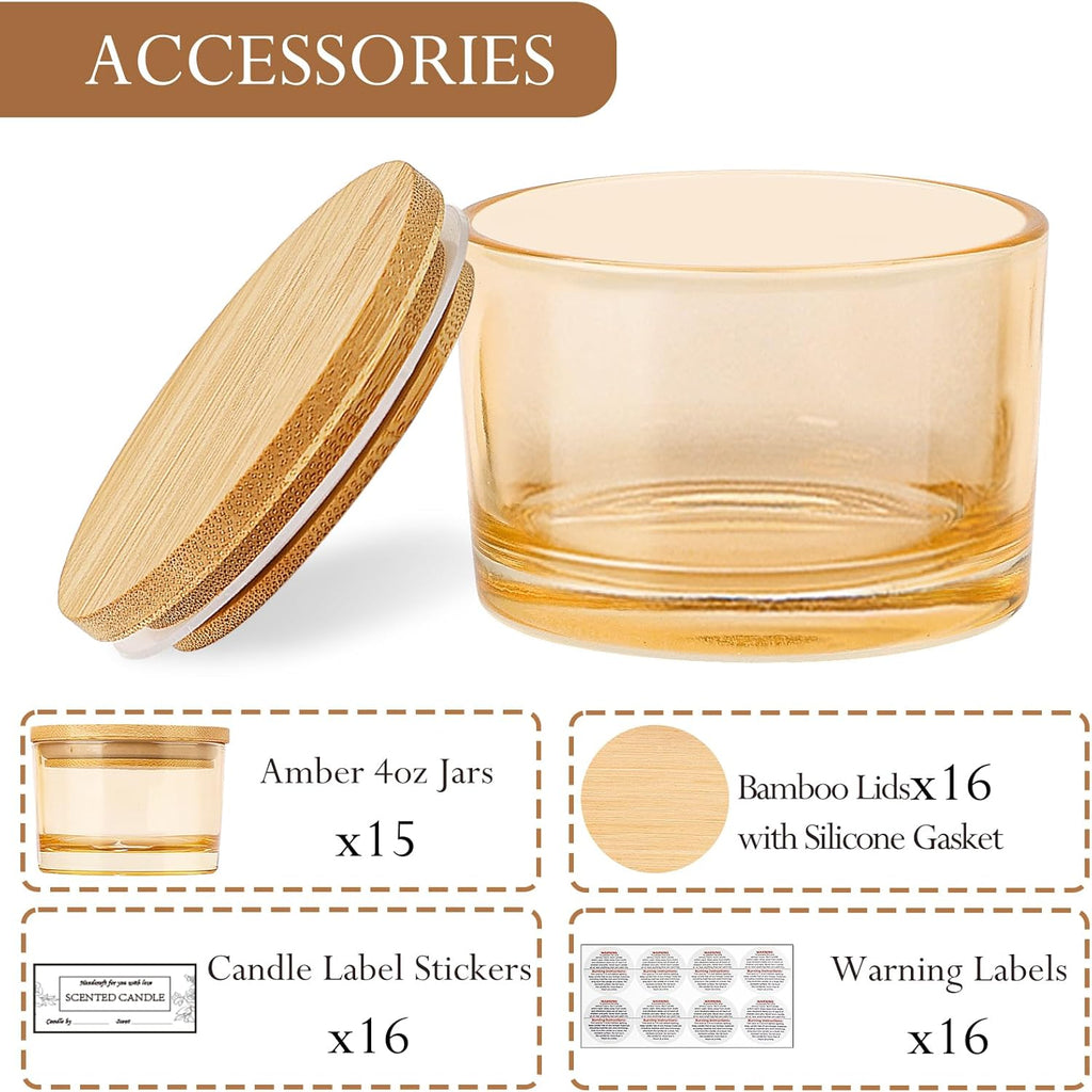 15 Pack 4oz Gold Amber Glass Candle Jars with Airtight Bamboo Lids | Thick Glass, Bulk Small Wide Mouth Candle