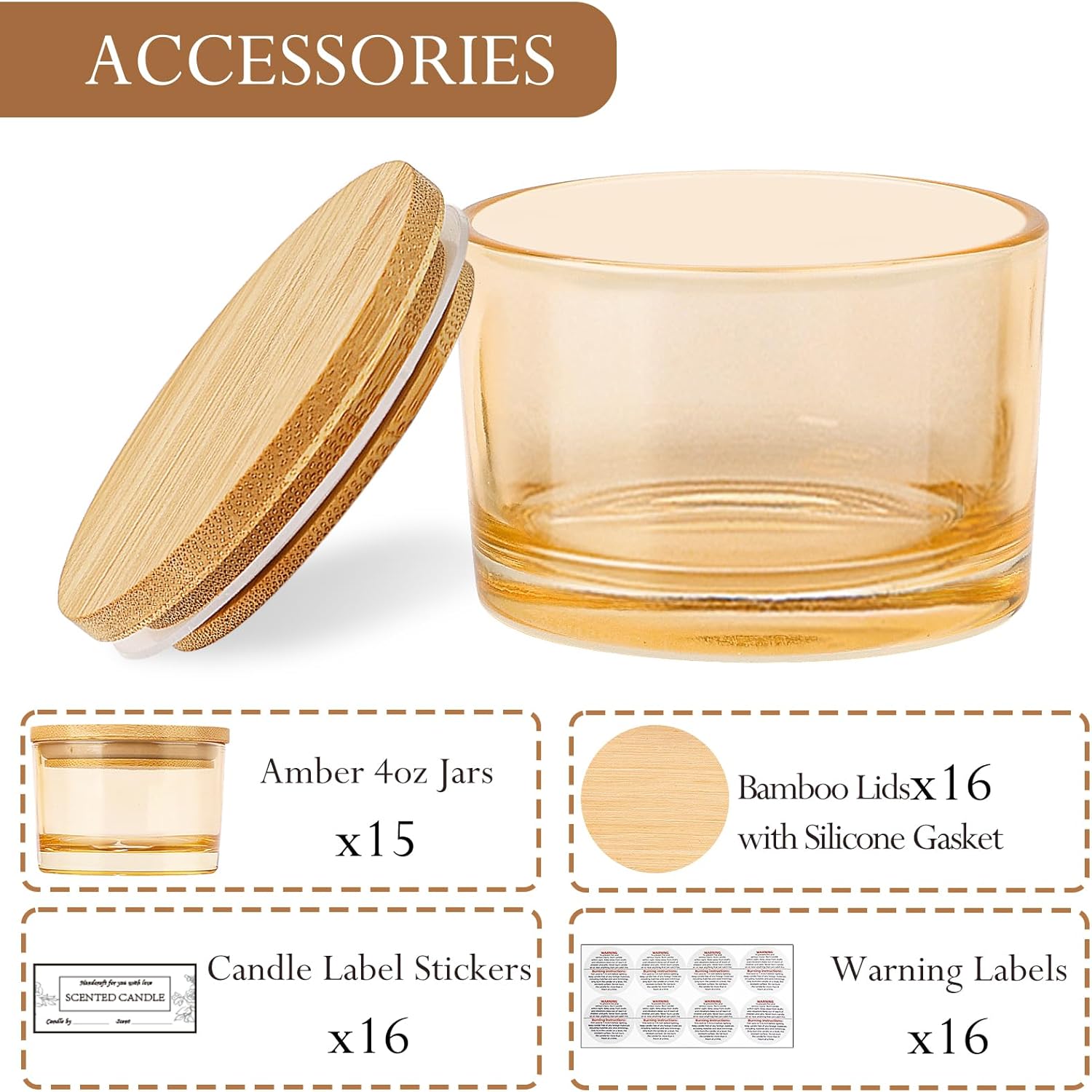 15 Pack 4oz Gold Amber Glass Candle Jars with Airtight Bamboo Lids | Thick Glass, Bulk Small Wide Mouth Candle
