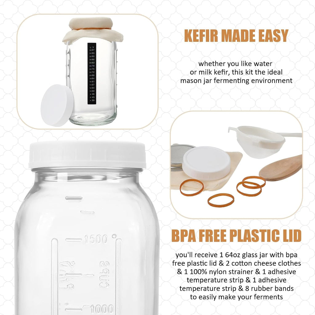 8 Pcs Kefir Jar Kit, 64 oz Wide Mouth with Strainer, Regular | Milk Kefir Fermentation Jar, Plastic Lid, Cotton