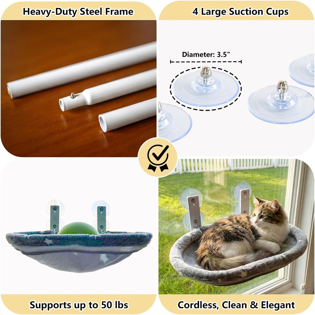 Cat Window Perch Hammock - Glow in the Dark Cordless Foldable Pet Bed with Sturdy Metal Frame & Strong Suction Cups