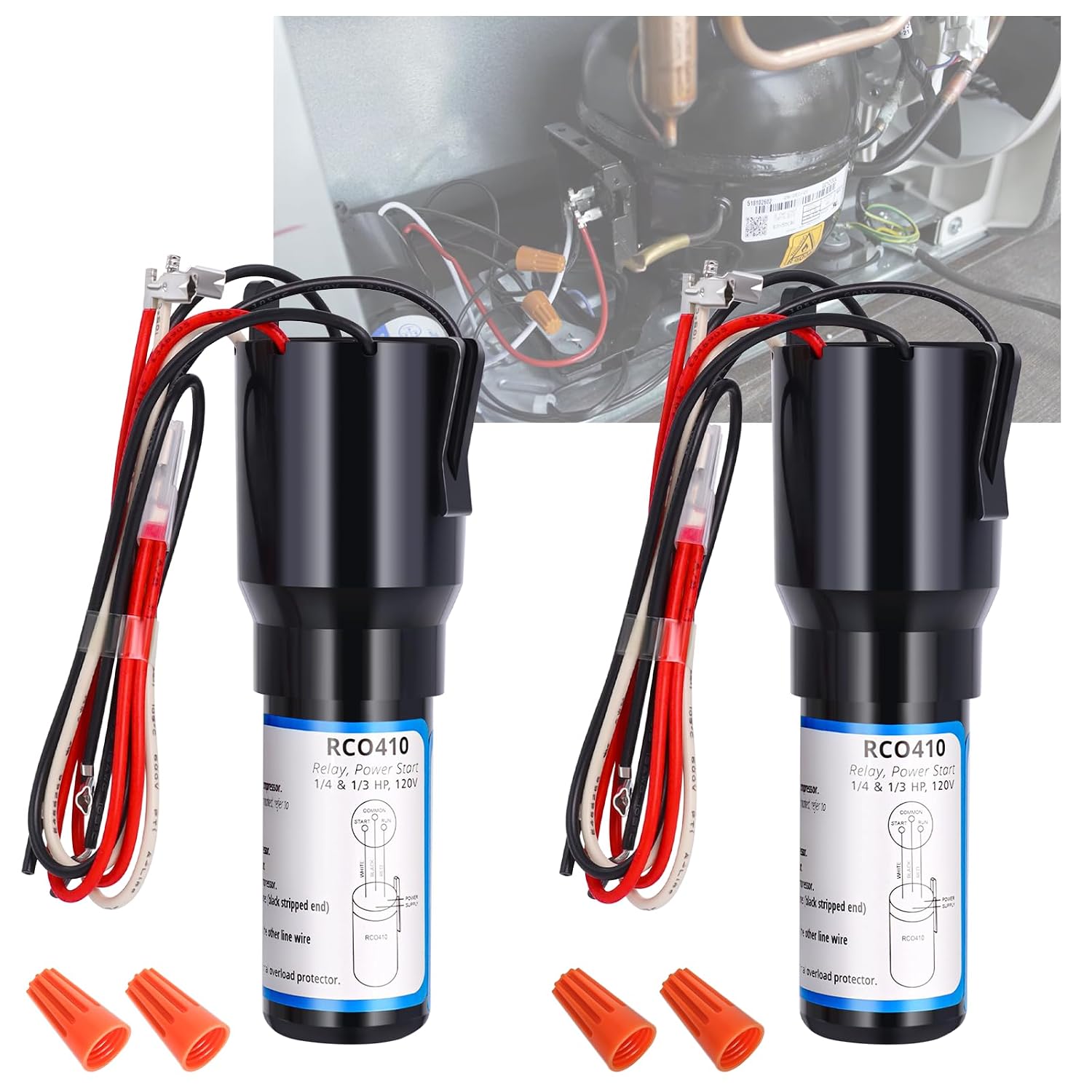 RCO410 3-in-1 Hard Start Capacitor Kit, Compatible with Refrigerators & Freezers, 1/4-1/3 H.P. 115VAC (2 pcs)