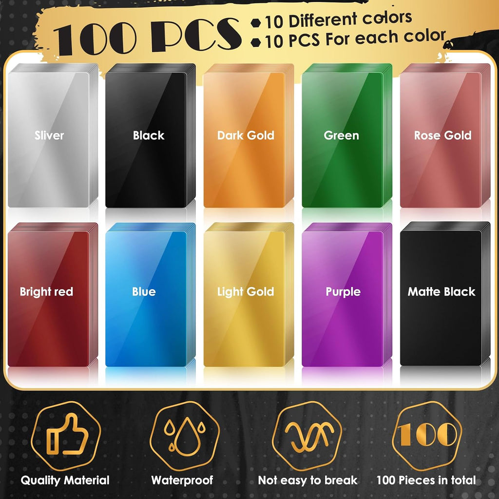100 Pcs Metal Business Cards Aluminum Laser Engraving Blanks | 86 x 54 x 0.21 mm 10 Colors Anodized Aluminum Sheet