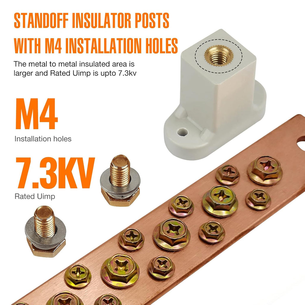 Copper Grounding Bar Kit, 7.8" Copper Bus Bar Ground Bus Bar with 16 Terminal Positions and UL Material BusBar Insulator T Posts