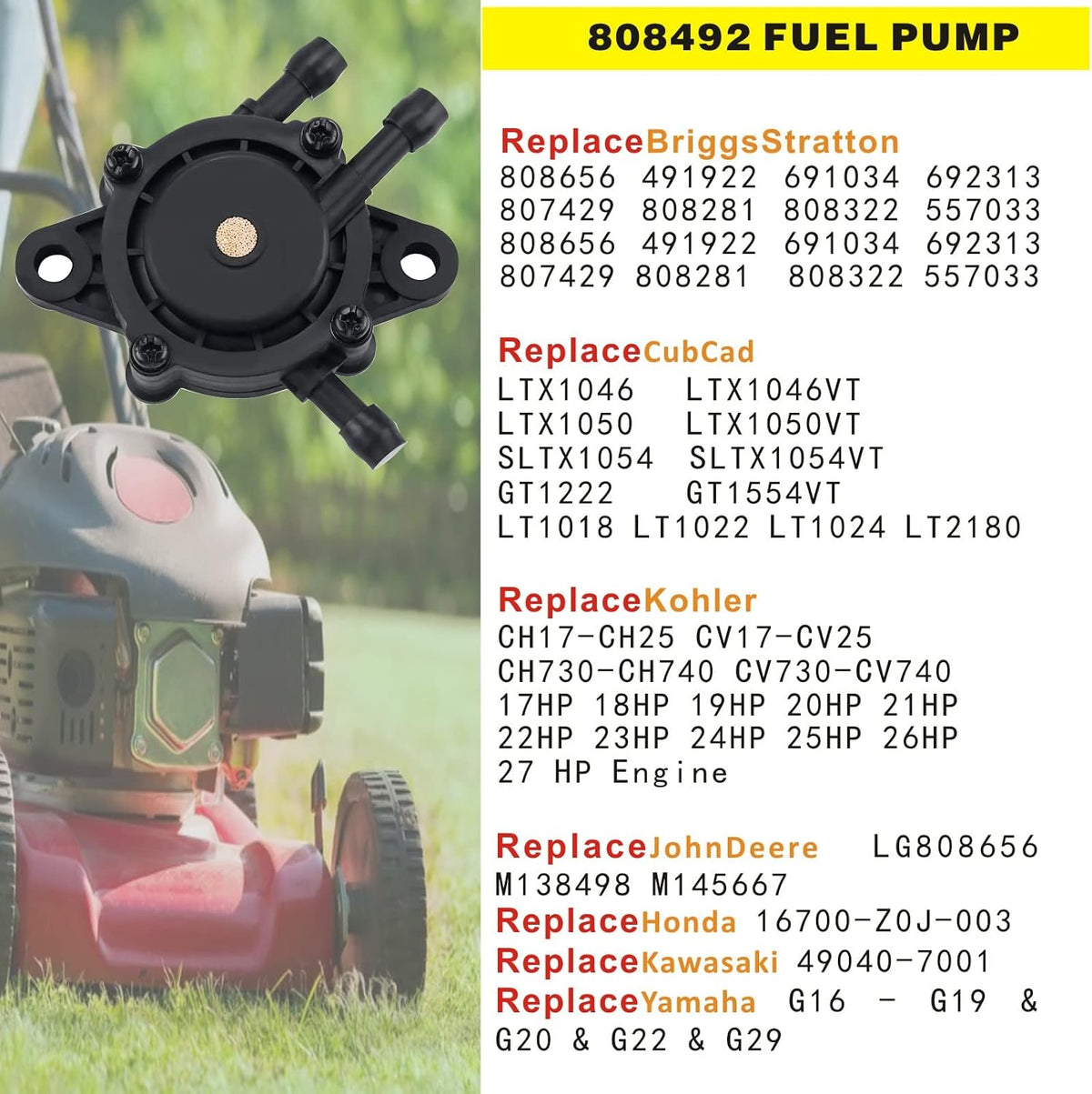 Replace Fuel Pump 691034 692313 Briggs 808492 597338 Kohler 17hp-27hp For Lawn Mower Tractor Golf Cart Engine and Kawasaki Cub Cadet Craftsman Starter Vacuum Fuel Pump (A Set)