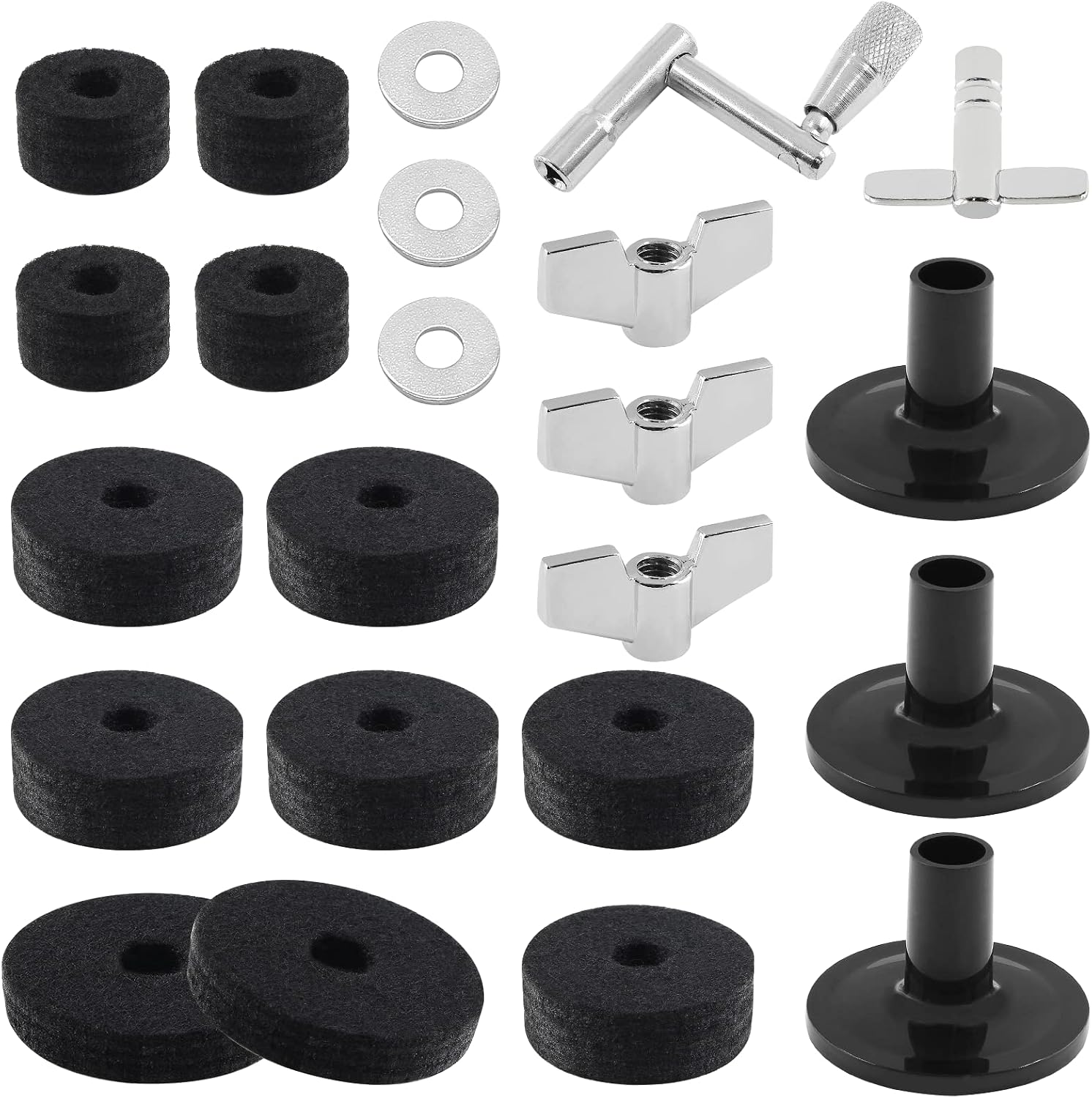 23 Pcs Cymbal Replacement Felt Accessories Kit Black For Drum | Felt Pads, Cymbal Sleeves, Wing Nuts, Washers