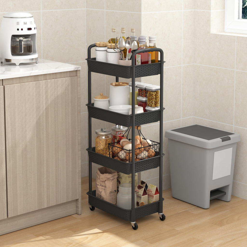 4-Tier Plastic Rolling Utility Cart with Handle, Black