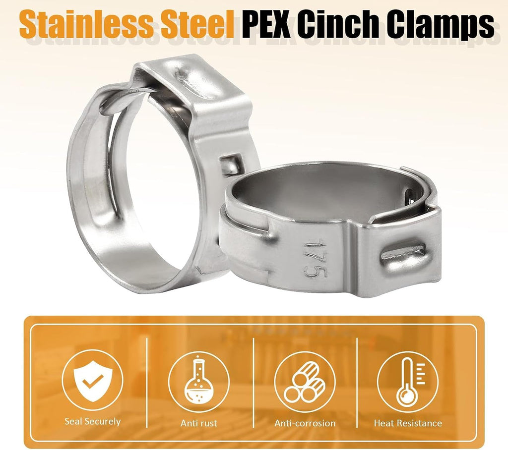 1/2 Inch PEX Cinch Clamps, 50 Pcs, Stainless Steel