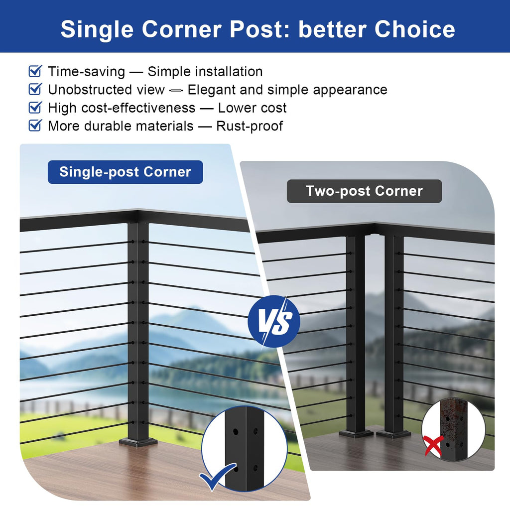 2Pack 36" Black Cable Railing Corner Post, 3-Side Drilled Corner Post