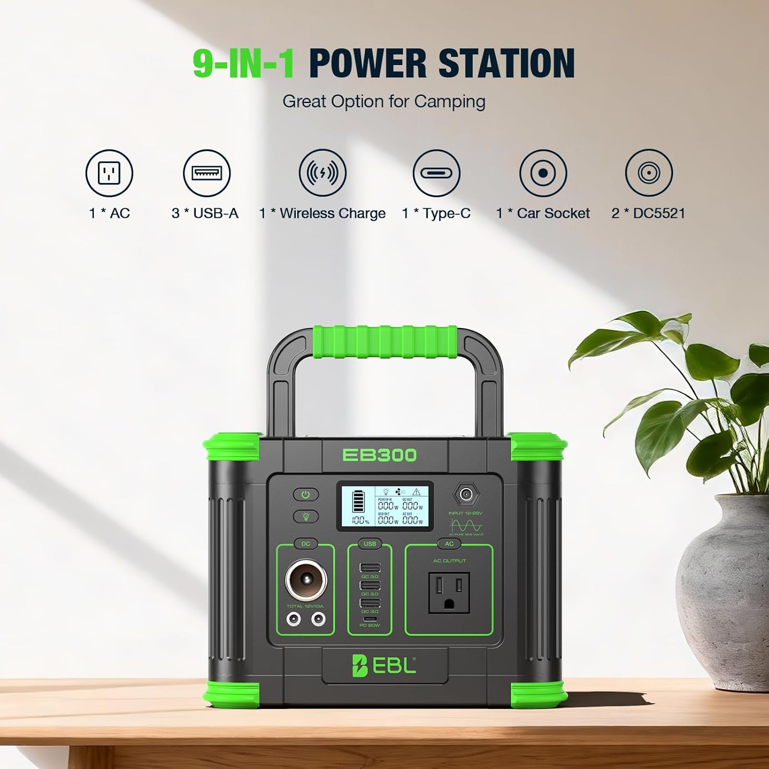 Portable Power Station 288.6Wh 330W Solar Generator Pure Sine Wave AC Output (600W Peak) with 5W Wireless Charger