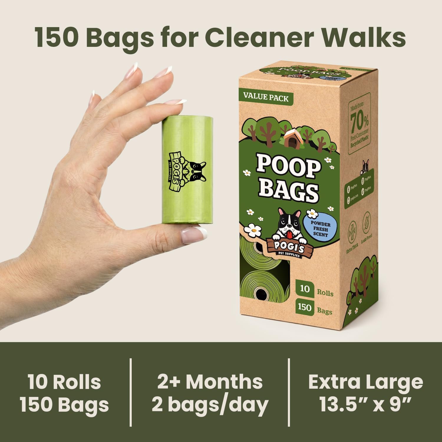 Pogi’s Dog Poop Bags – Leak-Proof & Extra Thick Pet Waste Bags (Fresh Scent, 10 Rolls, 150-Count)