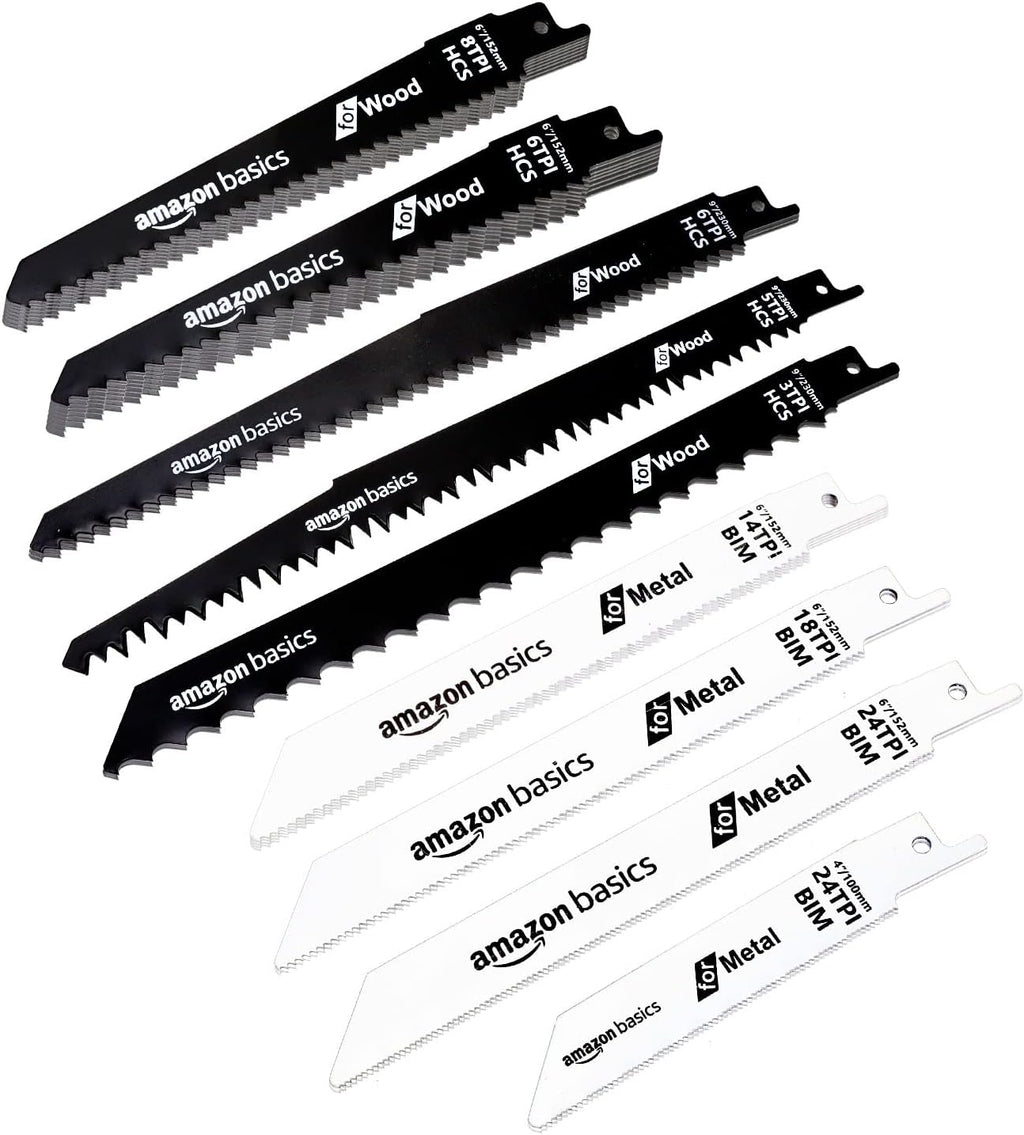 Amazon Basics Chromium Vanadium Steel Reciprocating Saw Blade Set with Organizer Pouch, Compatible For Plastic, 32-Pieces, Black & White
