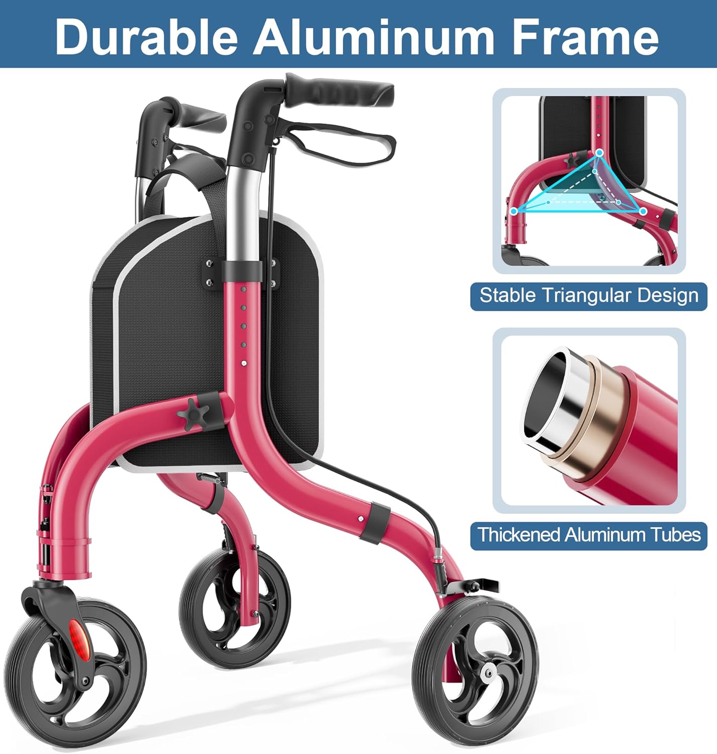 Foldable 3 Wheel Walkers for Seniors, Lightweight AluminumThree-Wheeled Walker, Height Adjustable Compact Walker with