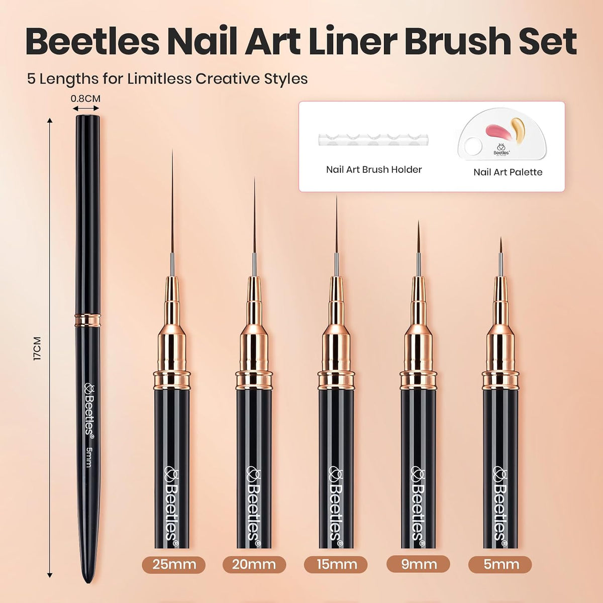 Beetles Liner Brushes for Nails 5pcs, Metallic Nail Art Brushes Black