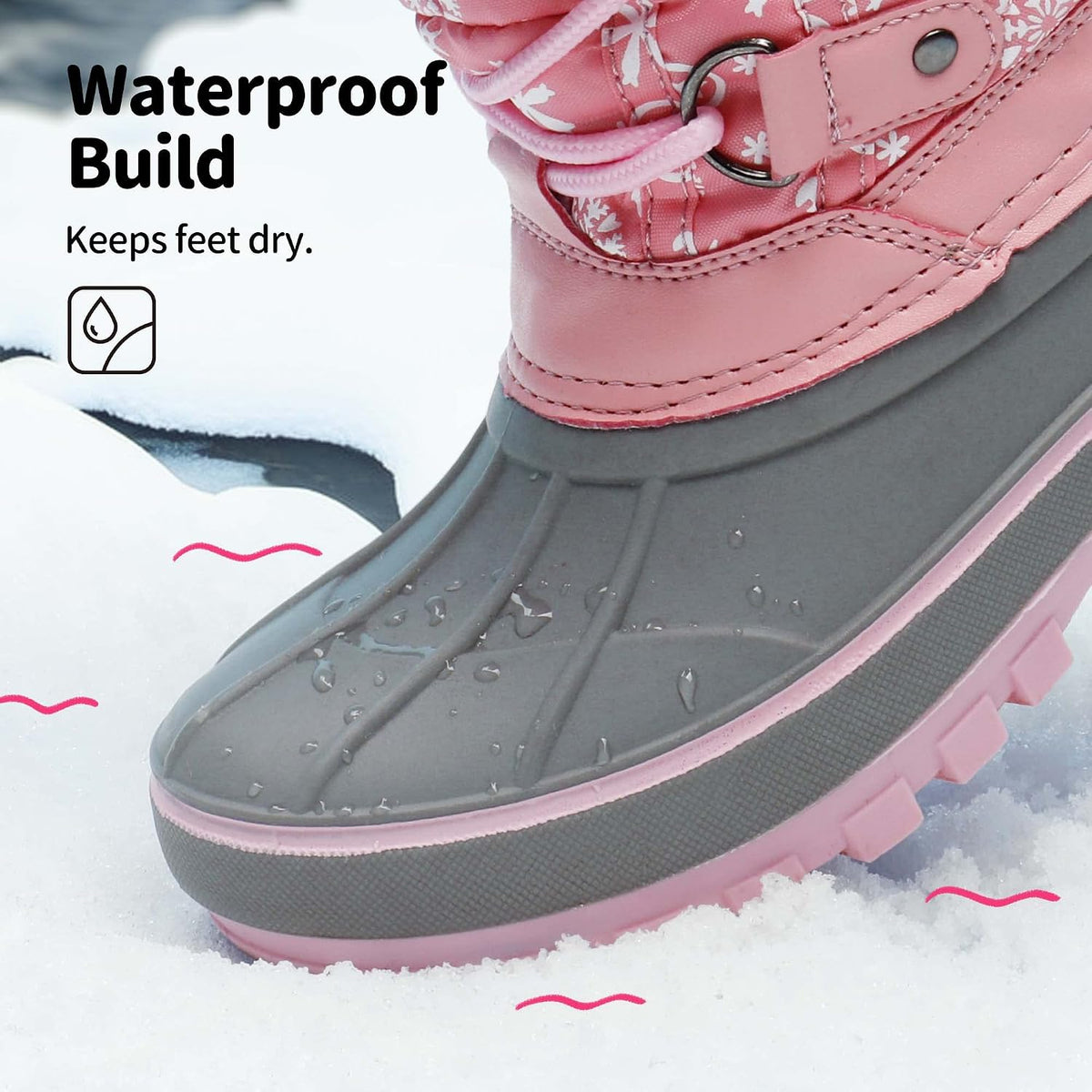 Girls Snow Waterproof Winter Boots | Warm Faux Fur Lined Outdoor Secure Grip Anti Slip Outsole Easy Wear Windproof