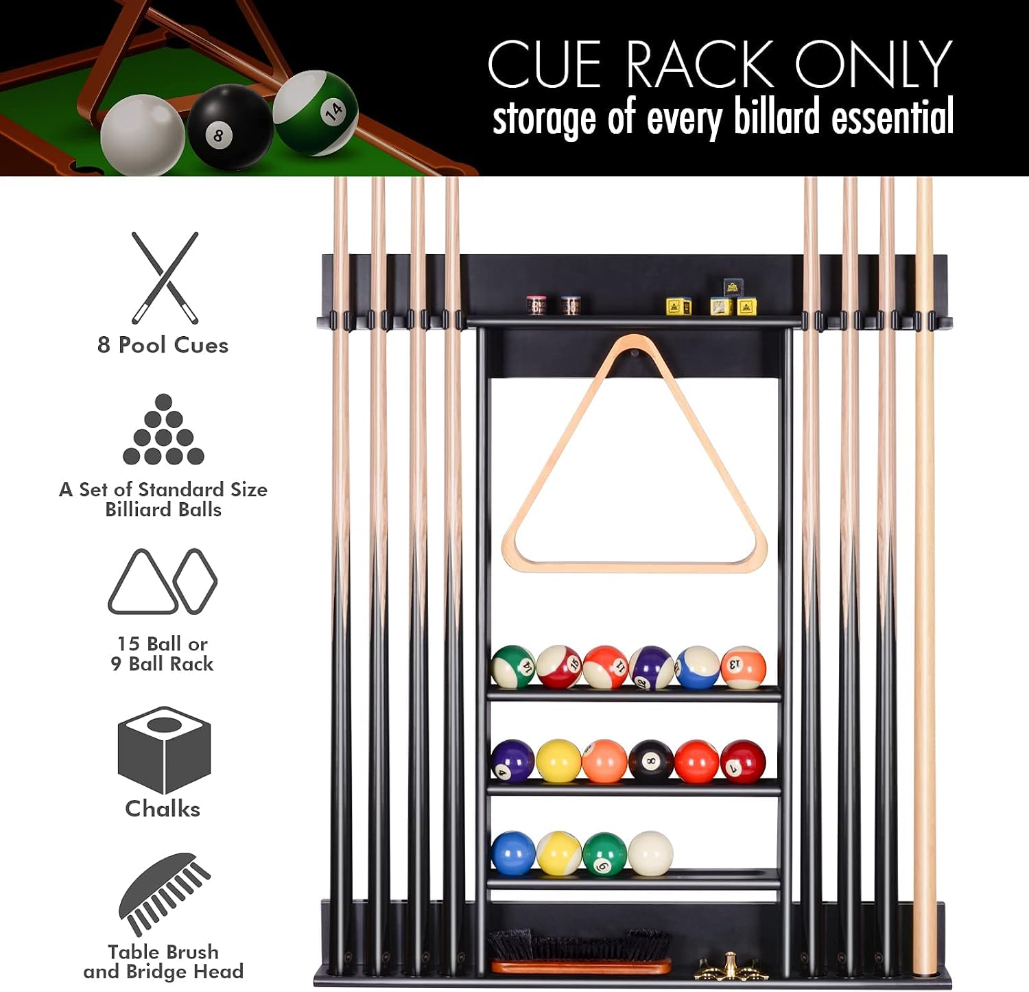 Pool Cue Rack Wall Mount For 8 Cues, Balls & Billiard Accessories Storage | 100% Solid Pine Wood Pool Stick Holder