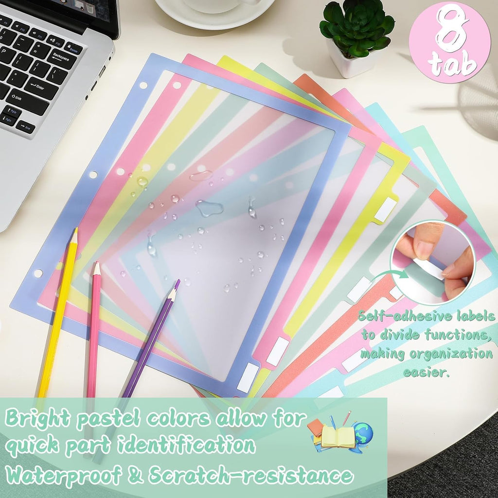 48Pcs/6 Set 8 Tab Dividers for 3 Ring Binder 8 Color Clear Plastic Binder Divider with Tabs 3 Hole Punched Folder