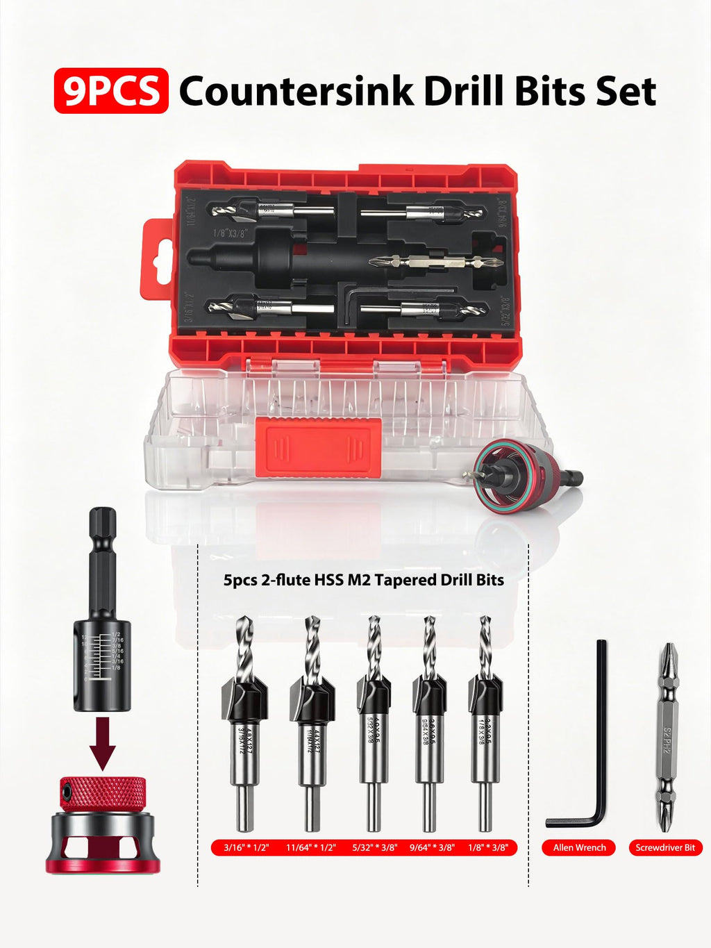 Faoyoon 9PCS Countersink Drill Bit Set with Adjustable Depth Stop Collar