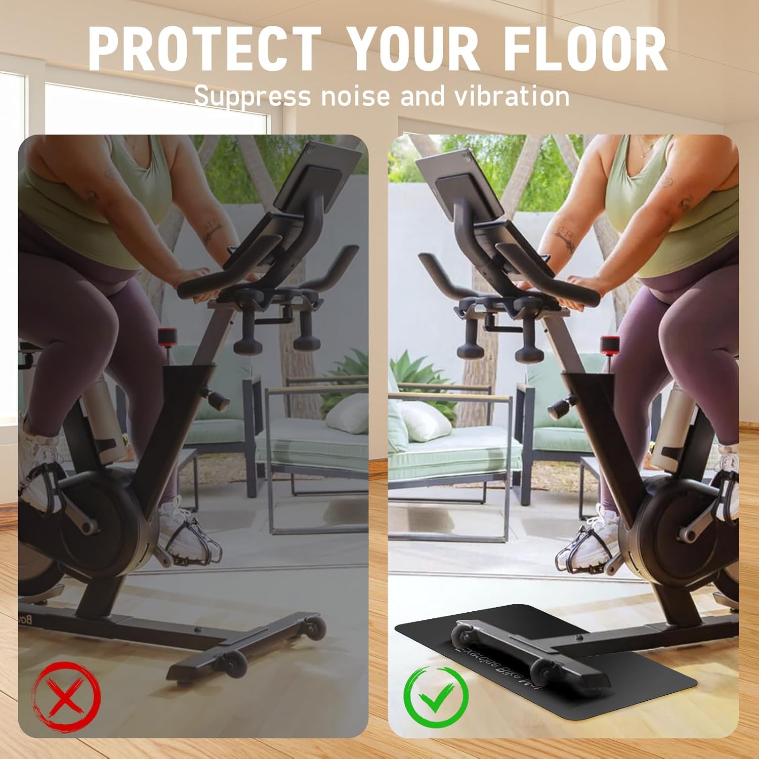 Non-Slip Mat Compatible with Peloton Bike, Concept 2 Rowing Machine | 2PCS Exercise Bike Mat, Protects for Hardwood